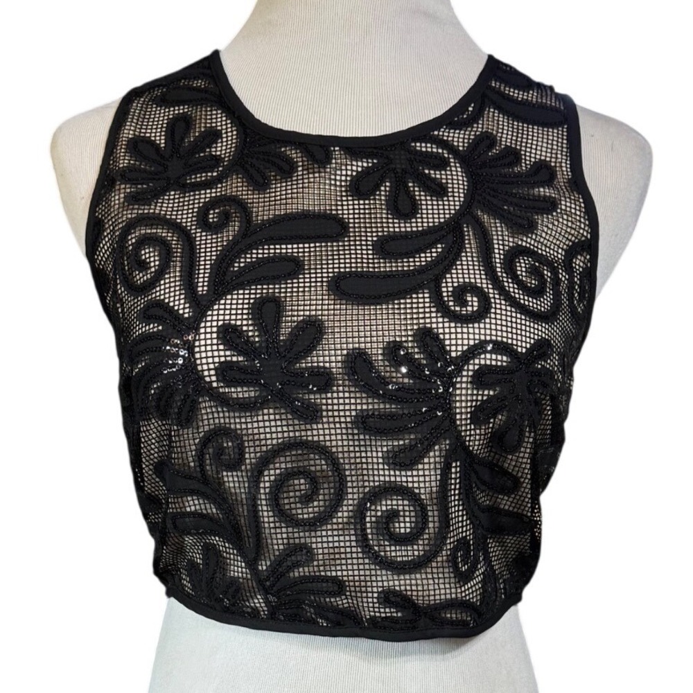 Sienna Sky Crop Top Womens Medium Embroidered Mesh Sequin Black Nude Zip Back